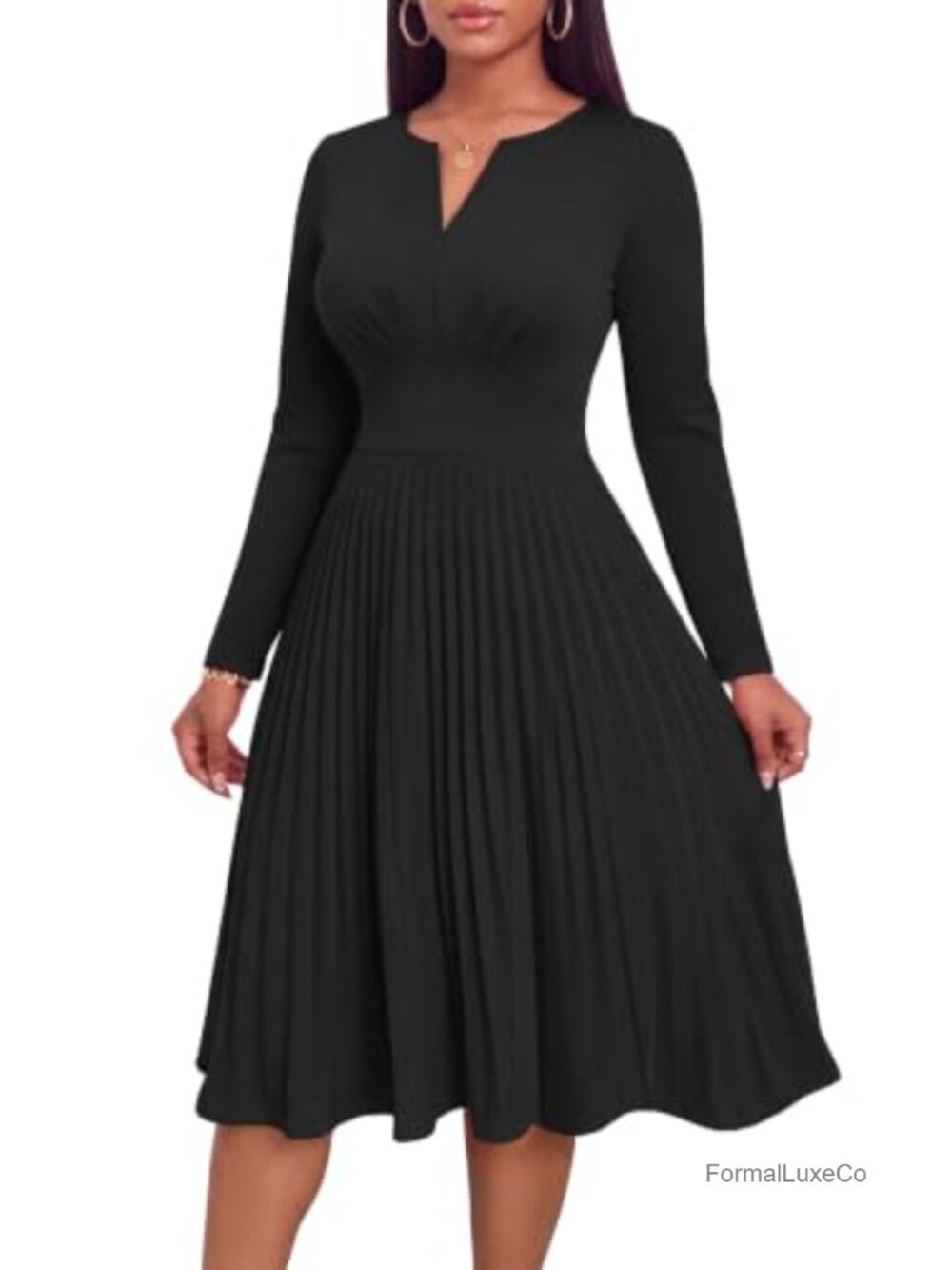 Pleated Midi Dress Long Sleeve V-Neck High Waist with Pockets
